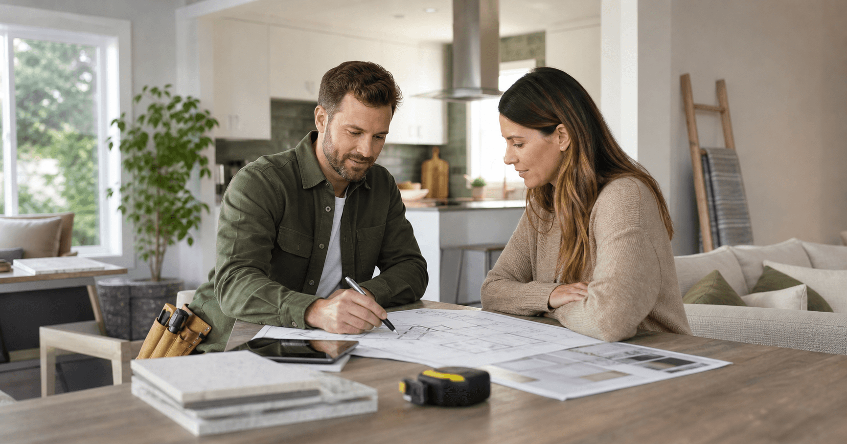 Homeowner reviewing a repair plan with a contractor
